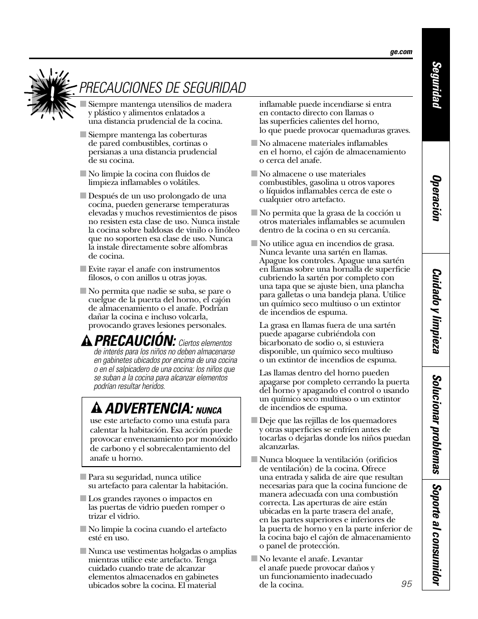 Precaución, Precauciones de seguridad advertencia | GE P2S975 User Manual | Page 95 / 136