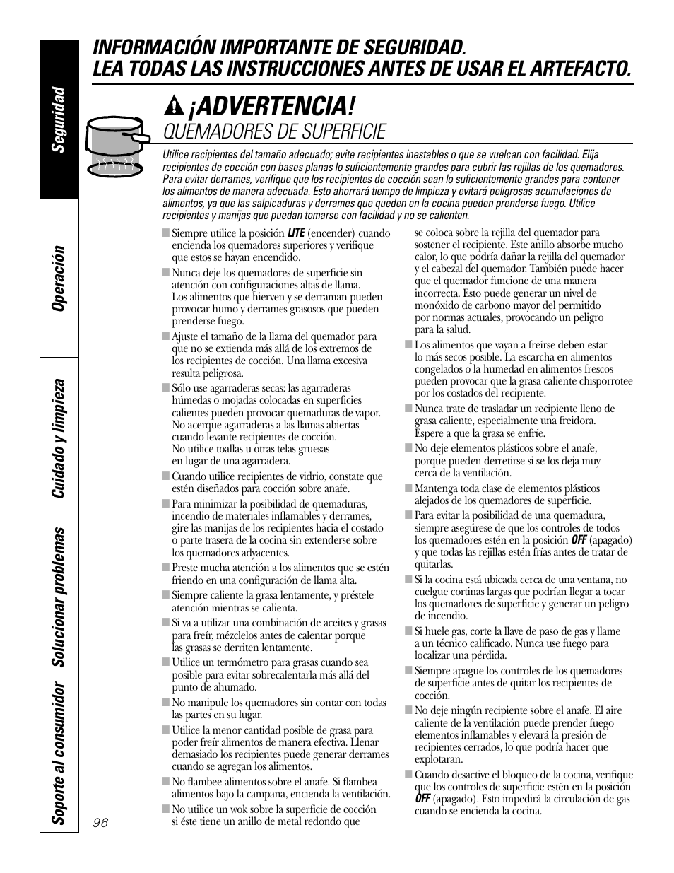 Advertencia | GE P2S975 User Manual | Page 96 / 136