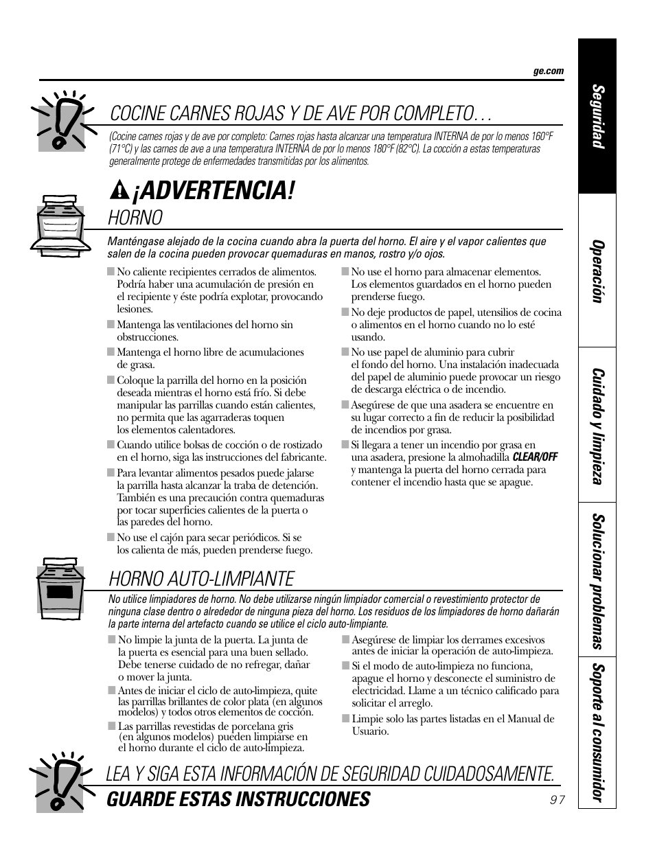 Advertencia, Horno auto-limpiante, Horno | Cocine carnes rojas y de ave por completo | GE P2S975 User Manual | Page 97 / 136