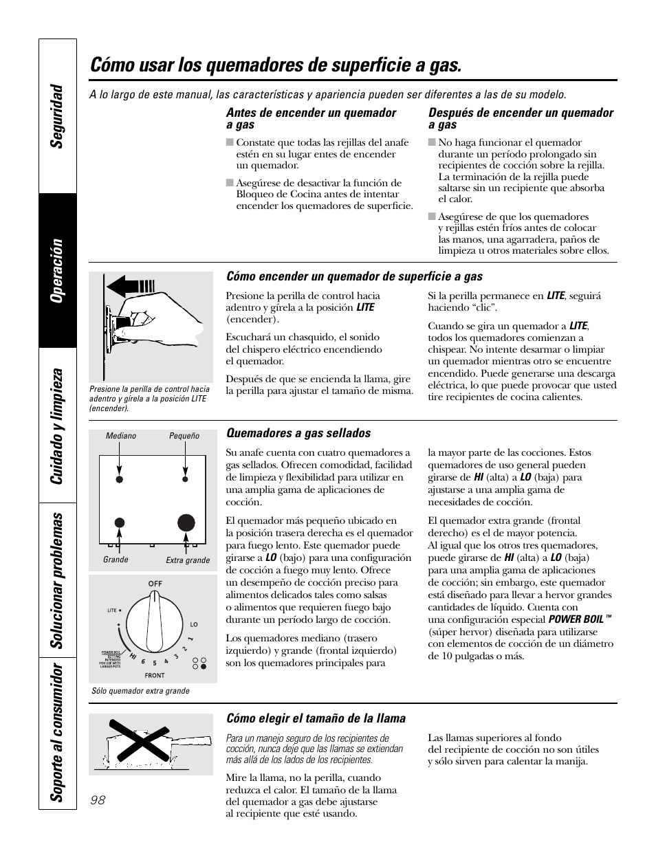 Quemadores de superficie, Quemadores de superficie –99, Cómo usar los quemadores de superficie a gas | GE P2S975 User Manual | Page 98 / 136