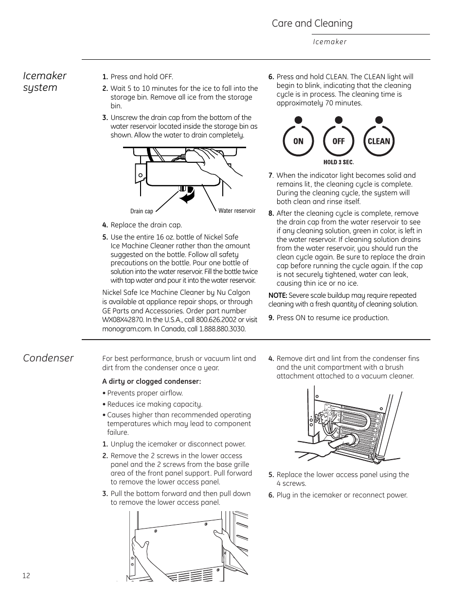 Care and cleaning, Condenser, Icemaker system | GE ZDIC150 User Manual | Page 12 / 16