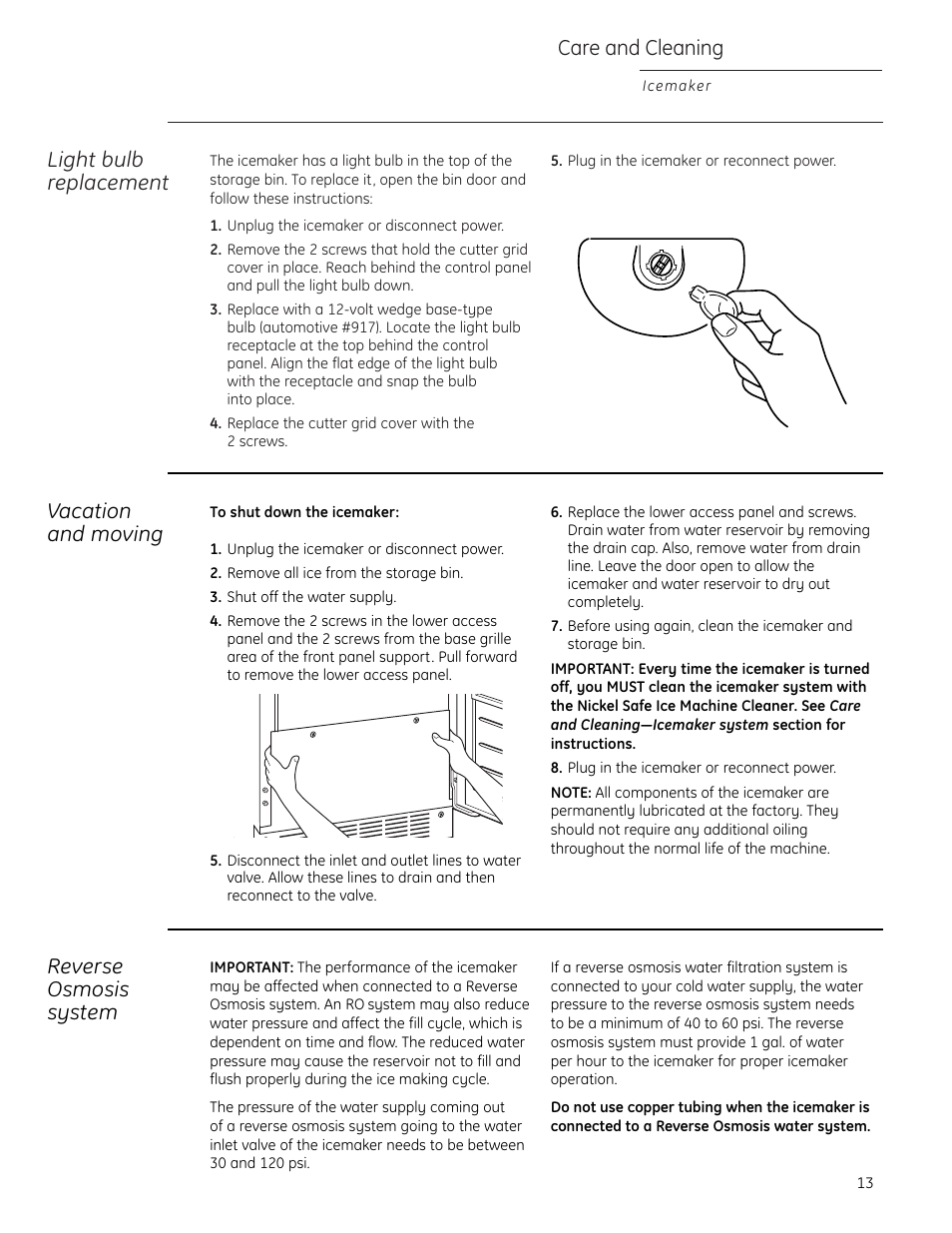 Care and cleaning, Light bulb replacement, Vacation and moving | Reverse osmosis system | GE ZDIC150 User Manual | Page 13 / 16