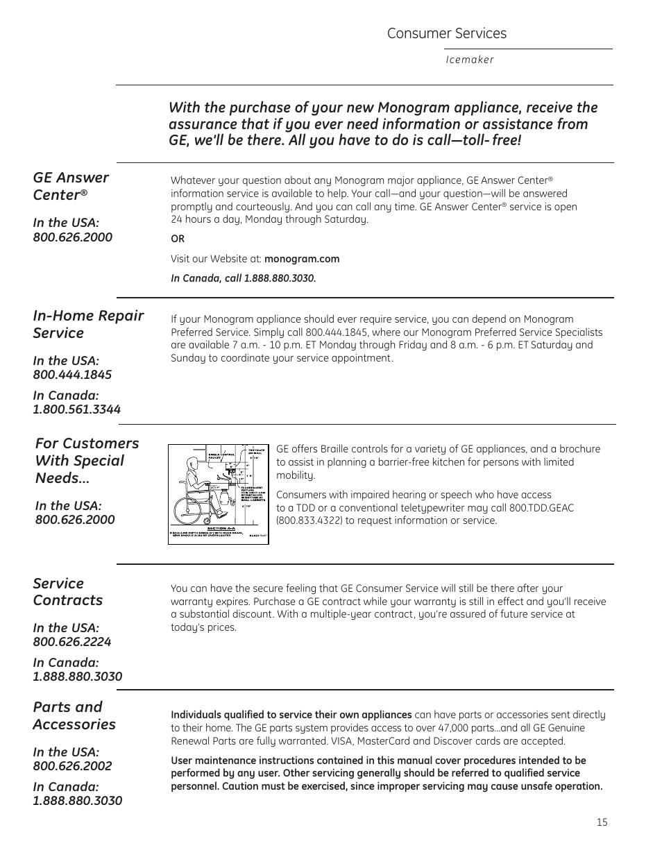 Consumer services, Important phone numbers, In-home repair service | Service contracts, Parts and accessories, For customers with special needs | GE ZDIC150 User Manual | Page 15 / 16