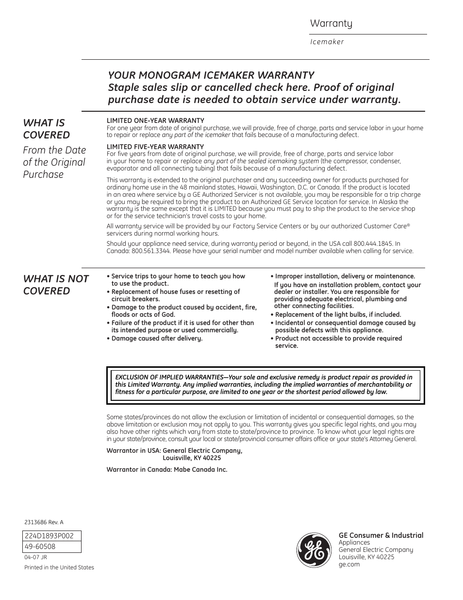 Warranty, What is not covered | GE ZDIC150 User Manual | Page 16 / 16
