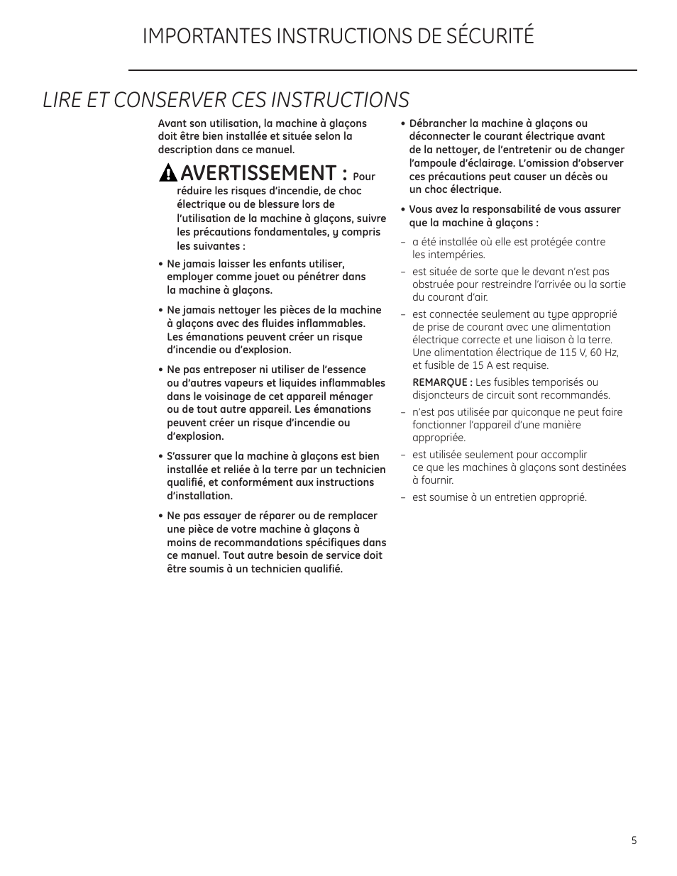 Avertissement | GE ZDIC150 User Manual | Page 5 / 16