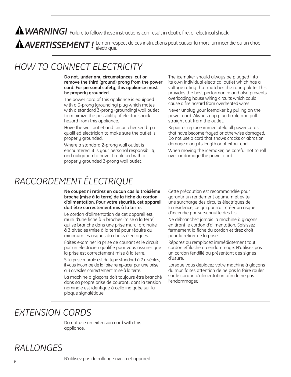 How to connect electricity, Raccordement électrique, Extension cords | Rallonges, Warning, Avertissement | GE ZDIC150 User Manual | Page 6 / 16