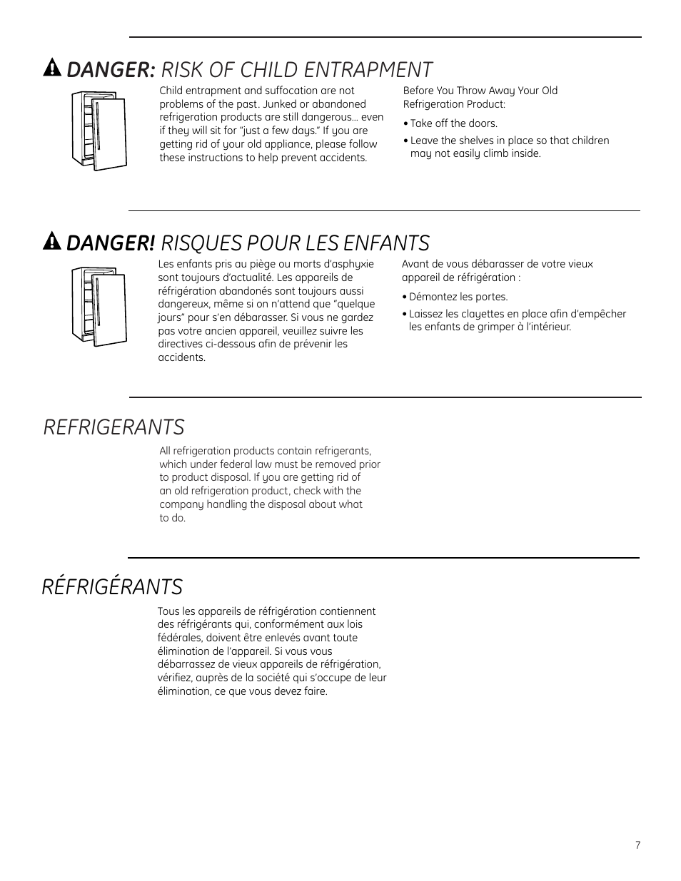 Refrigerants, Danger: risk of child entrapment, Danger! risques pour les enfants | Réfrigérants | GE ZDIC150 User Manual | Page 7 / 16