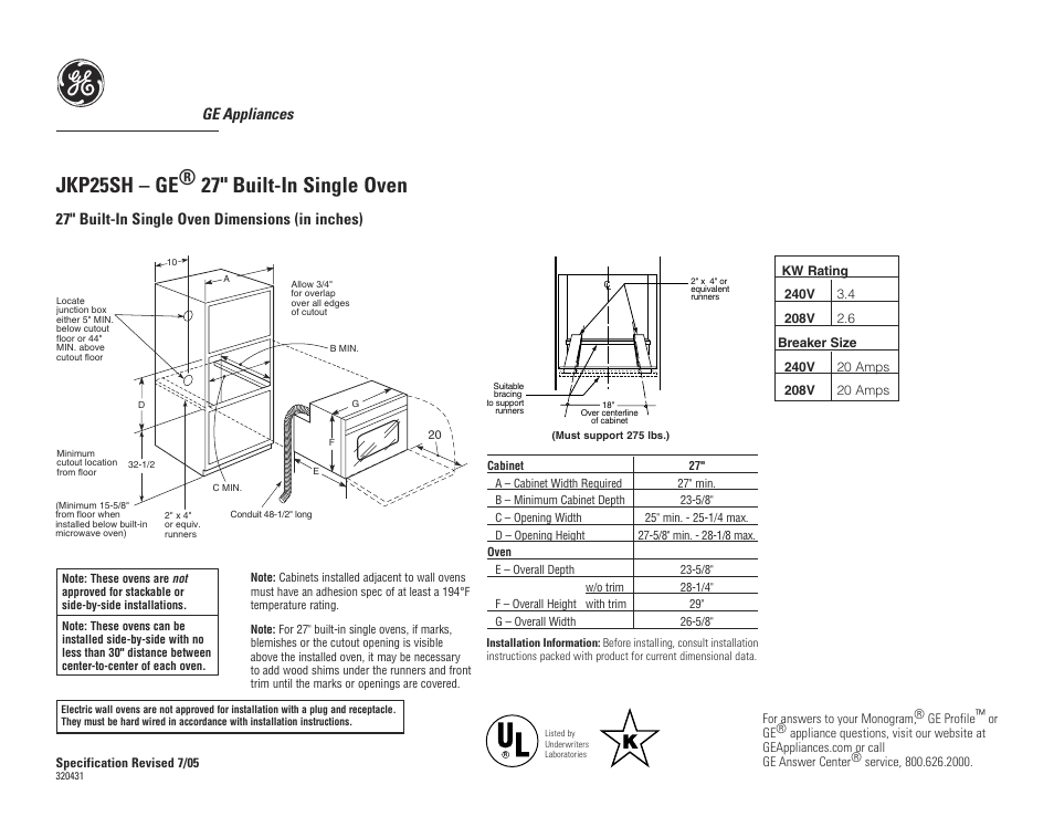 GE JKP25SH User Manual | 3 pages