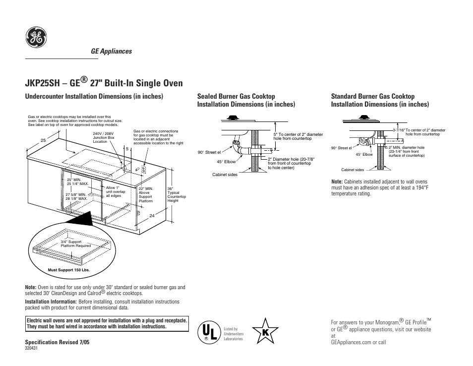 Jkp25sh – ge® 27" built-in single oven, Ge appliances, Undercounter installation dimensions (in inches) | GE JKP25SH User Manual | Page 2 / 3