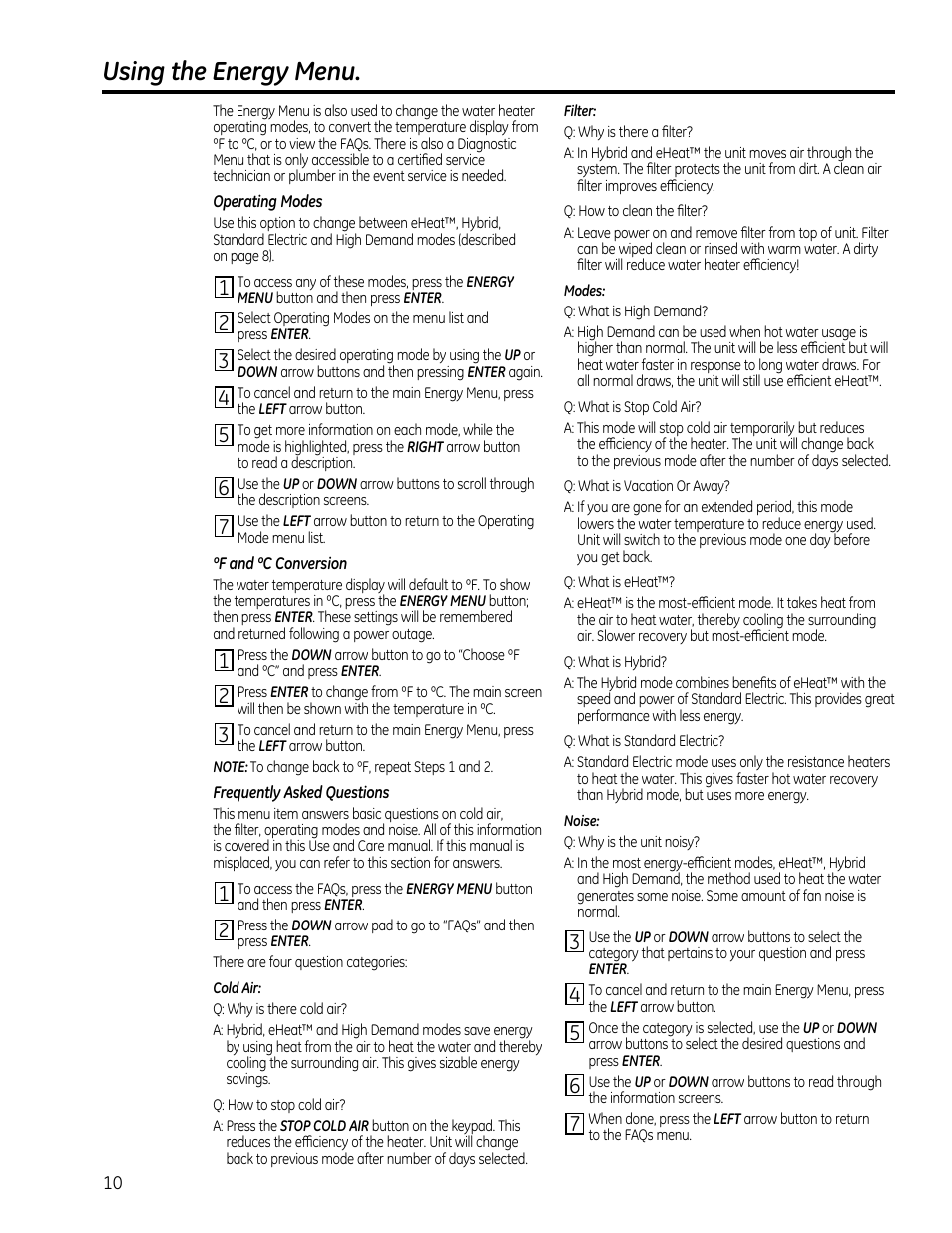 Using the energy menu | GE GEH50DXSRGA User Manual | Page 10 / 68