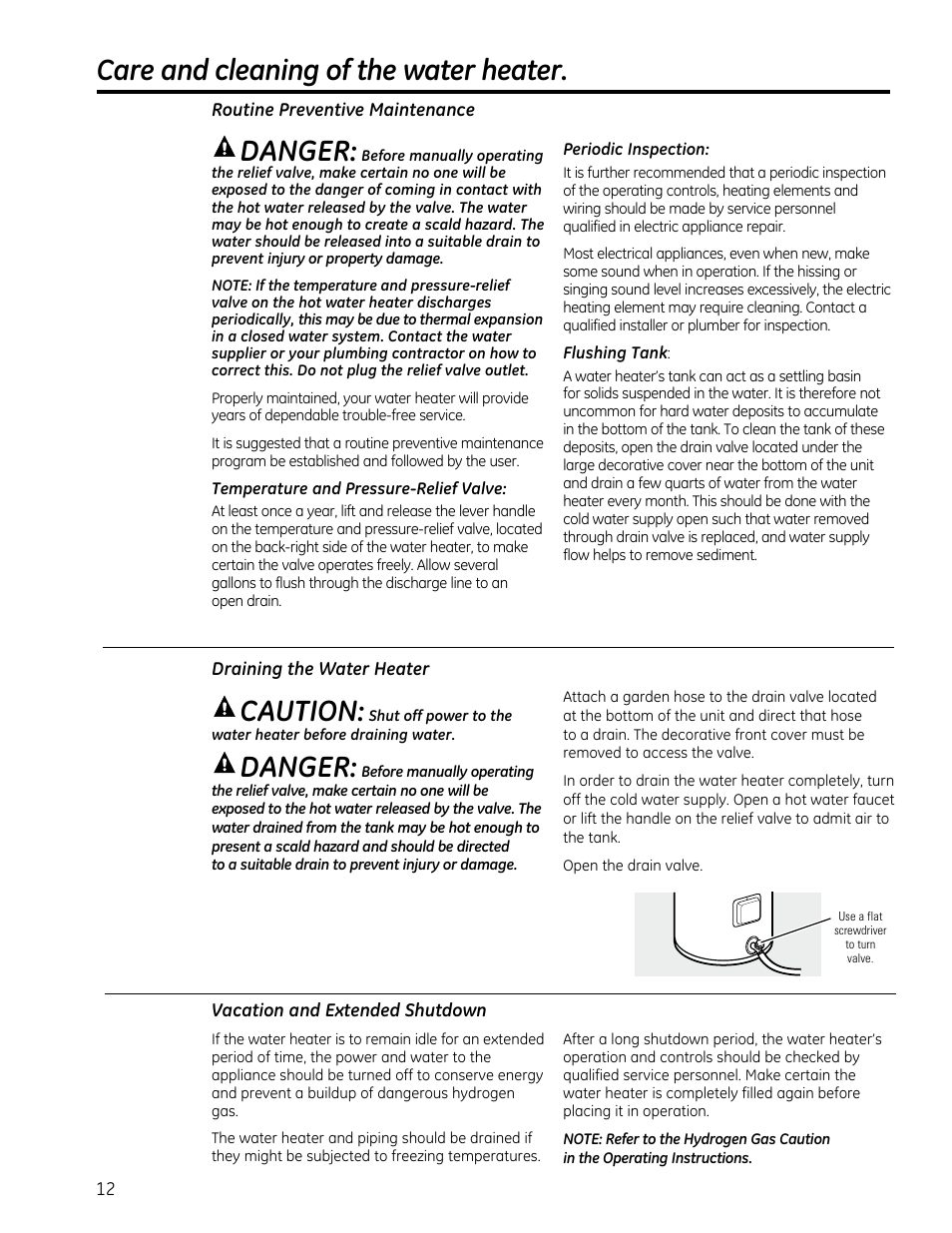 Care and cleaning of the water heater, Caution, Danger | GE GEH50DXSRGA User Manual | Page 12 / 68