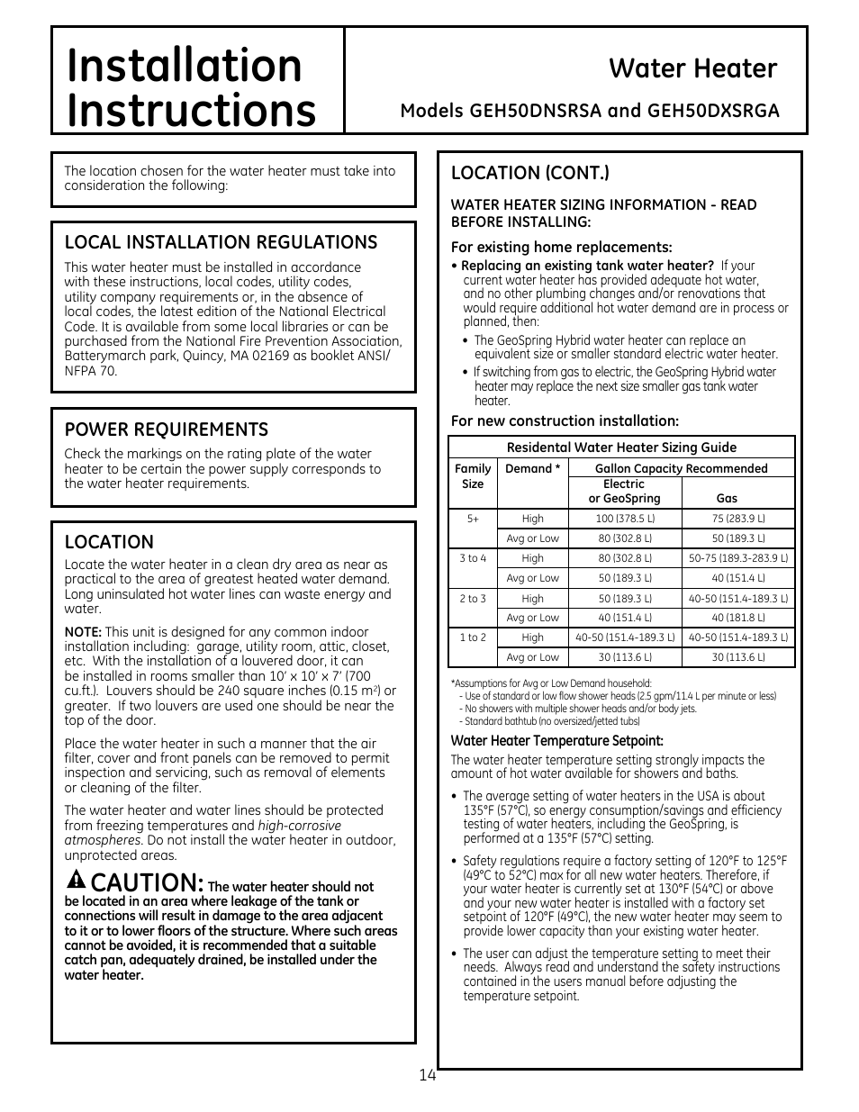 Installation, Instructions, Water heater | Caution, Models geh50dnsrsa and geh50dxsrga, Location (cont.), Local installation regulations, Power requirements, Location | GE GEH50DXSRGA User Manual | Page 14 / 68