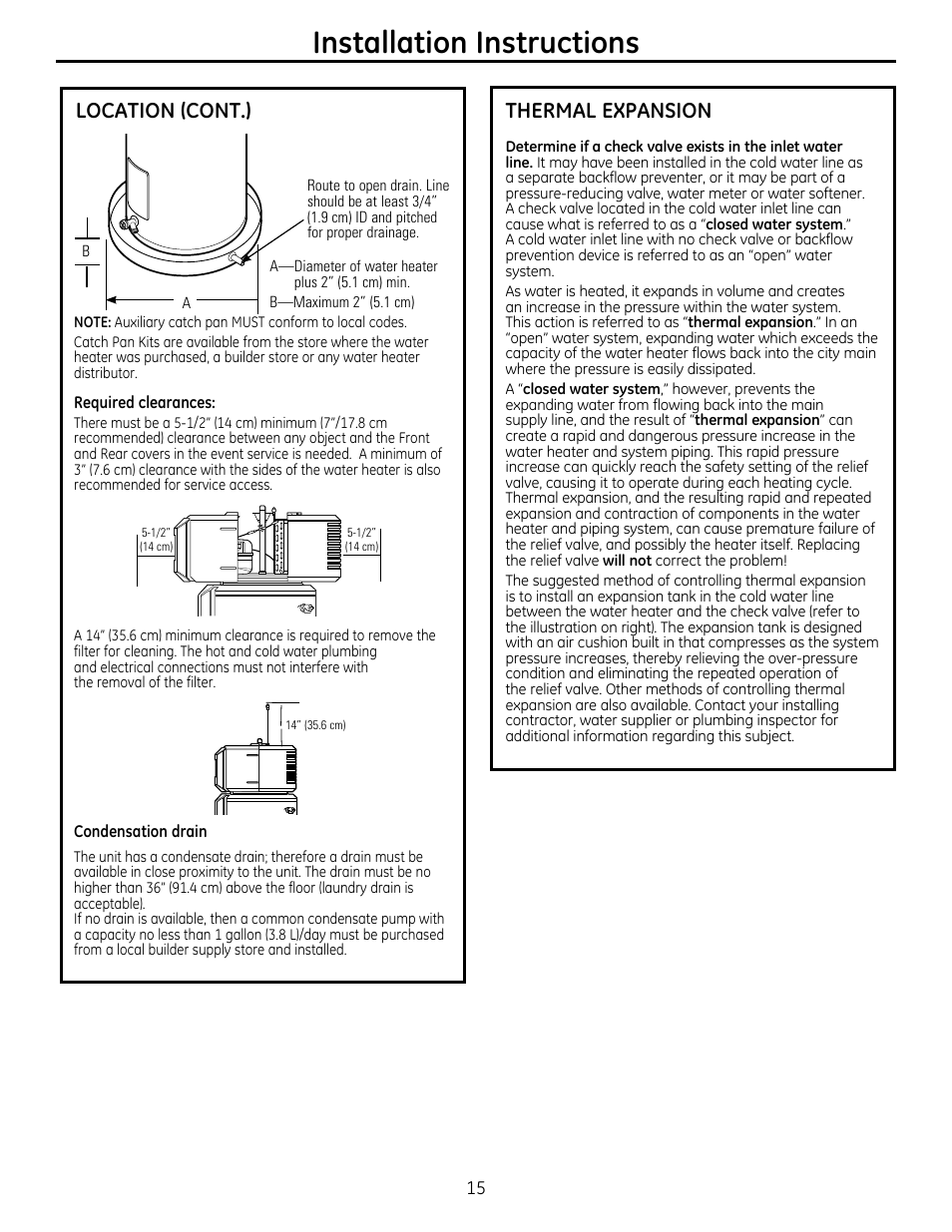 Installation instructions, Thermal expansion, Location (cont.) | GE GEH50DXSRGA User Manual | Page 15 / 68