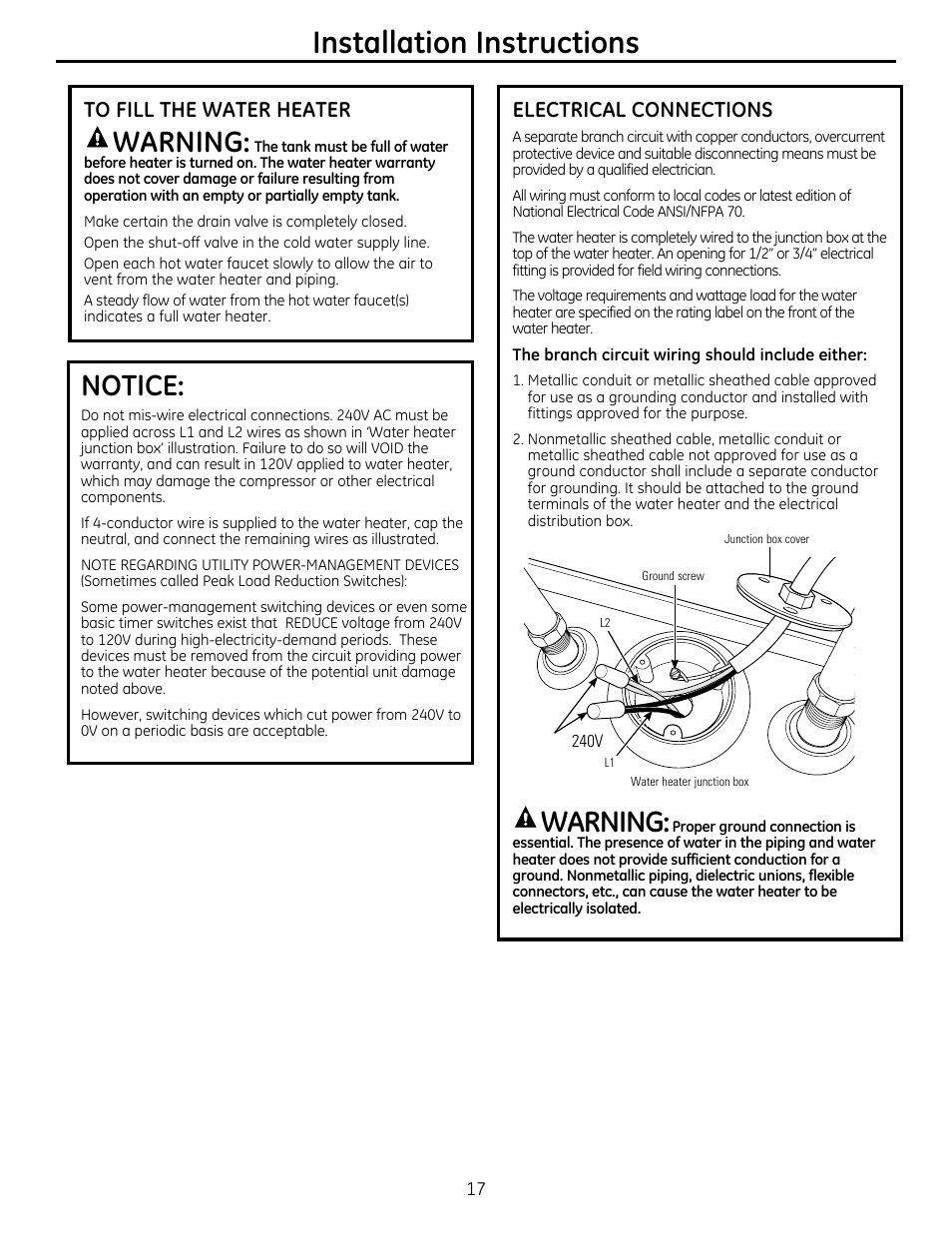 Installation instructions, Warning, Notice | Electrical connections | GE GEH50DXSRGA User Manual | Page 17 / 68