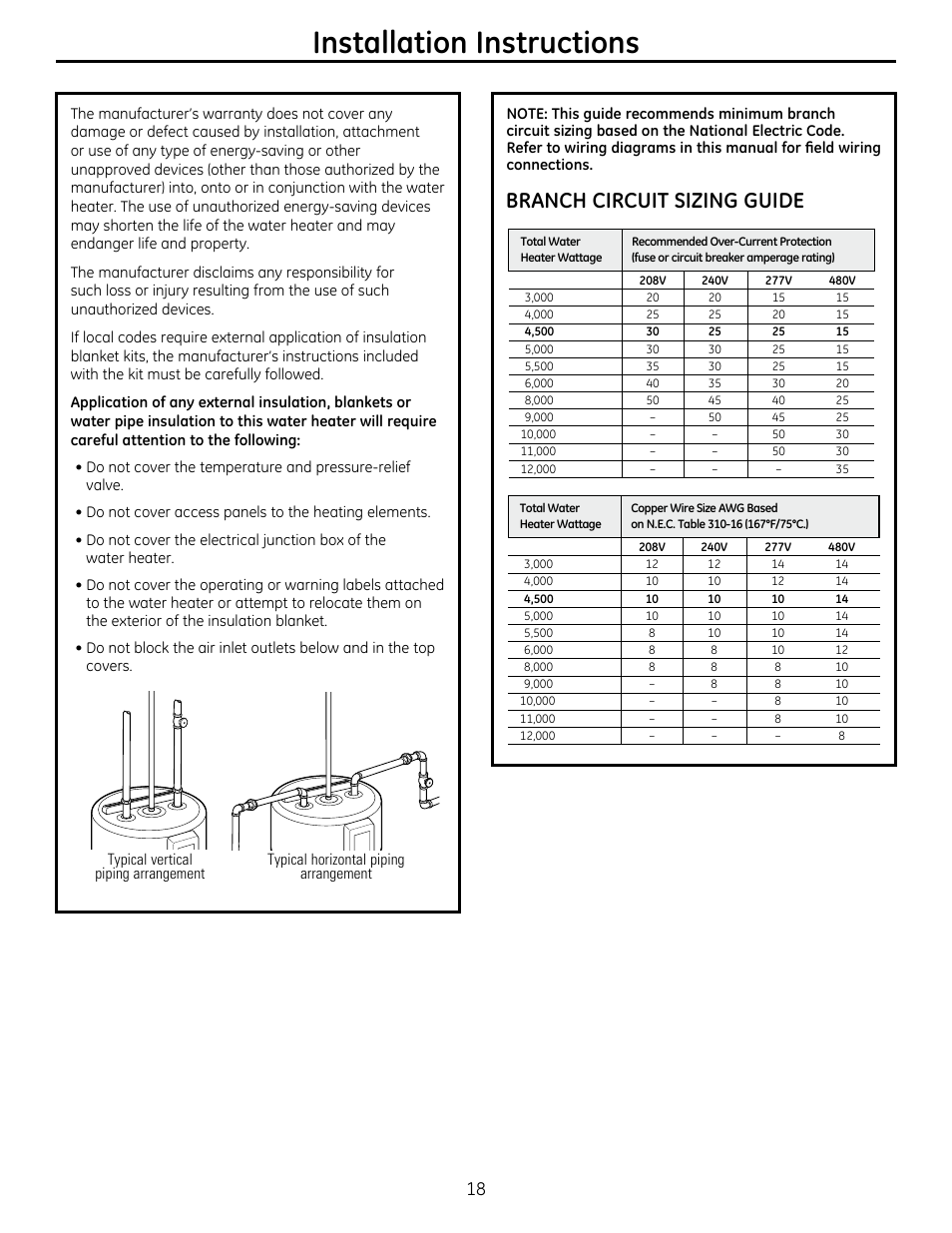 Installation instructions, Branch circuit sizing guide | GE GEH50DXSRGA User Manual | Page 18 / 68