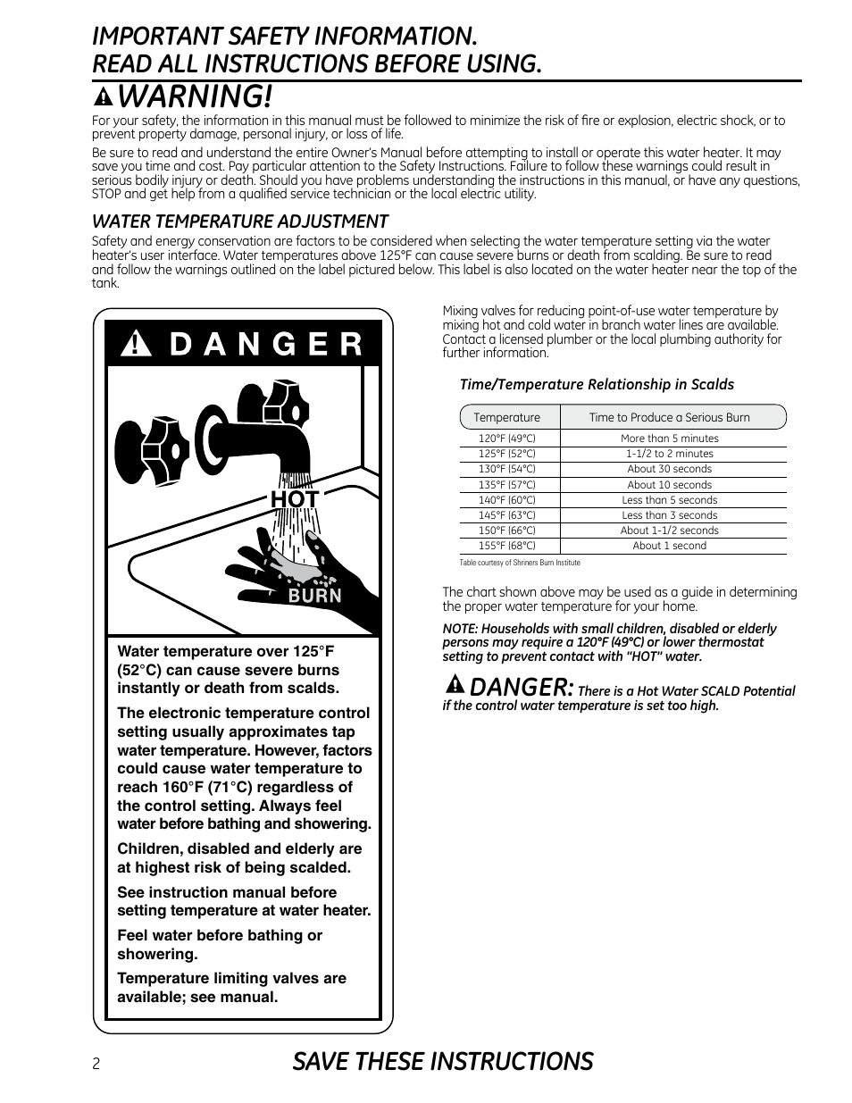 Warning, Danger, Water temperature adjustment | GE GEH50DXSRGA User Manual | Page 2 / 68