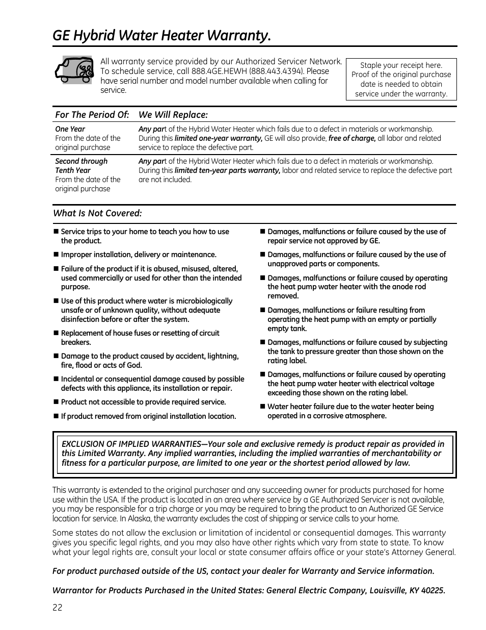 Ge hybrid water heater warranty | GE GEH50DXSRGA User Manual | Page 22 / 68