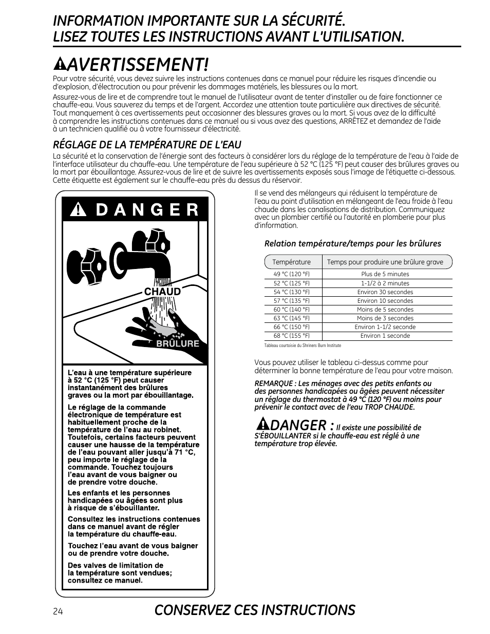 Avertissement, Danger, Réglage de la température de l’eau | GE GEH50DXSRGA User Manual | Page 24 / 68