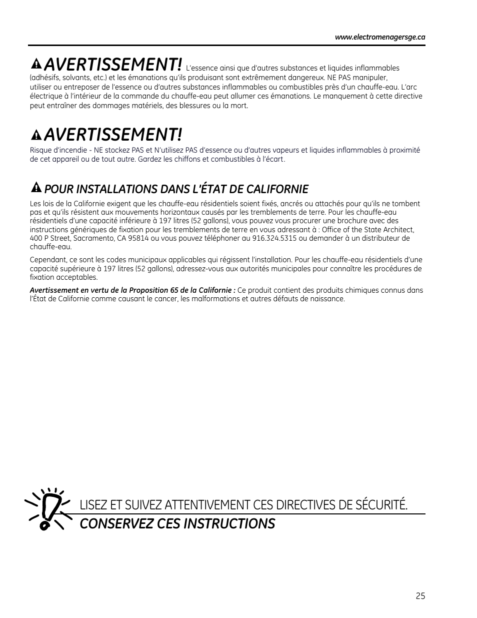 Avertissement, Conservez ces instructions, Pour installations dans l’état de californie | GE GEH50DXSRGA User Manual | Page 25 / 68