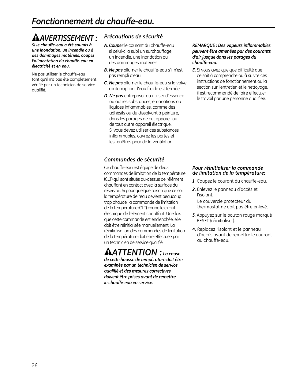 Fonctionnement du chauffe-eau, Attention, Avertissement | GE GEH50DXSRGA User Manual | Page 26 / 68