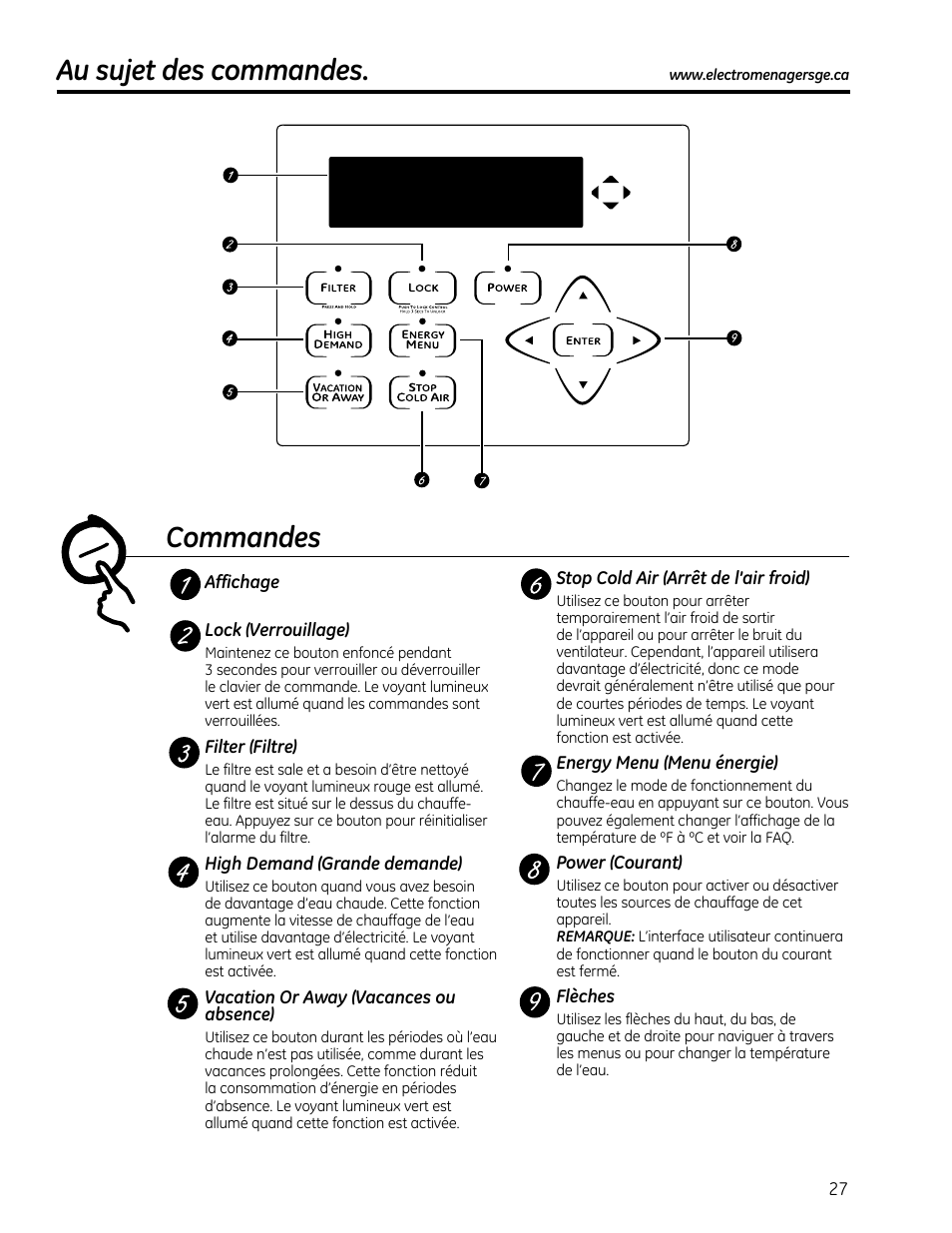 Au sujet des commandes, Commandes | GE GEH50DXSRGA User Manual | Page 27 / 68