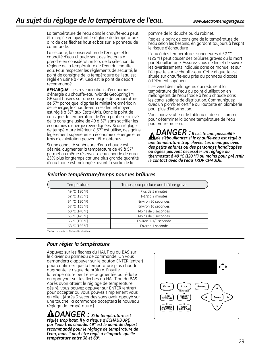 Danger, Au sujet du réglage de la température de l’eau | GE GEH50DXSRGA User Manual | Page 29 / 68