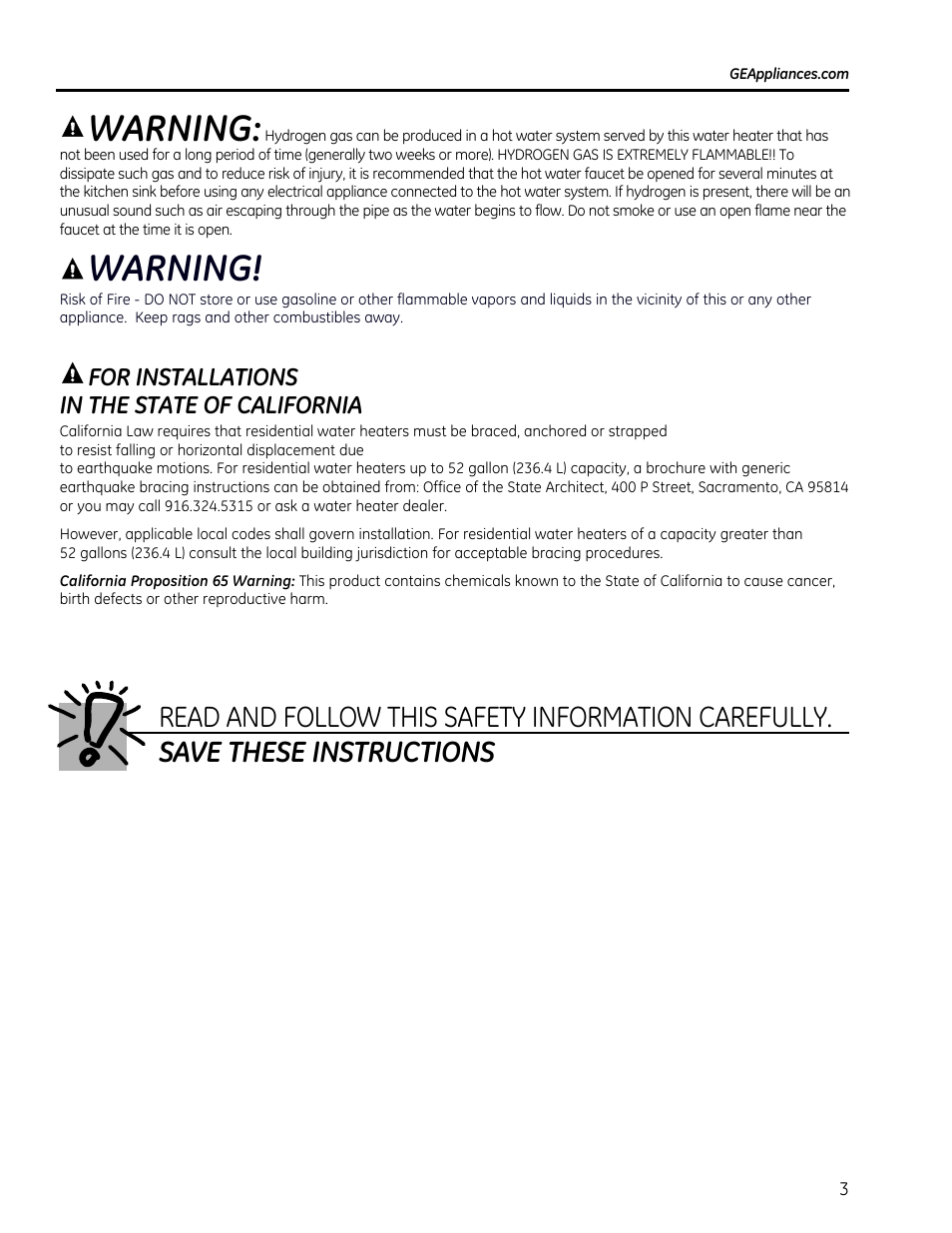 Warning, For installations in the state of california | GE GEH50DXSRGA User Manual | Page 3 / 68