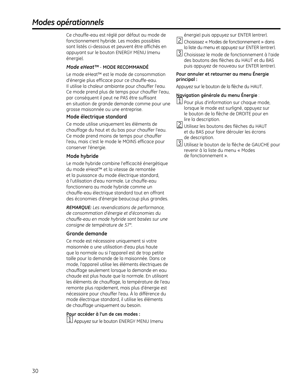 Modes opérationnels | GE GEH50DXSRGA User Manual | Page 30 / 68