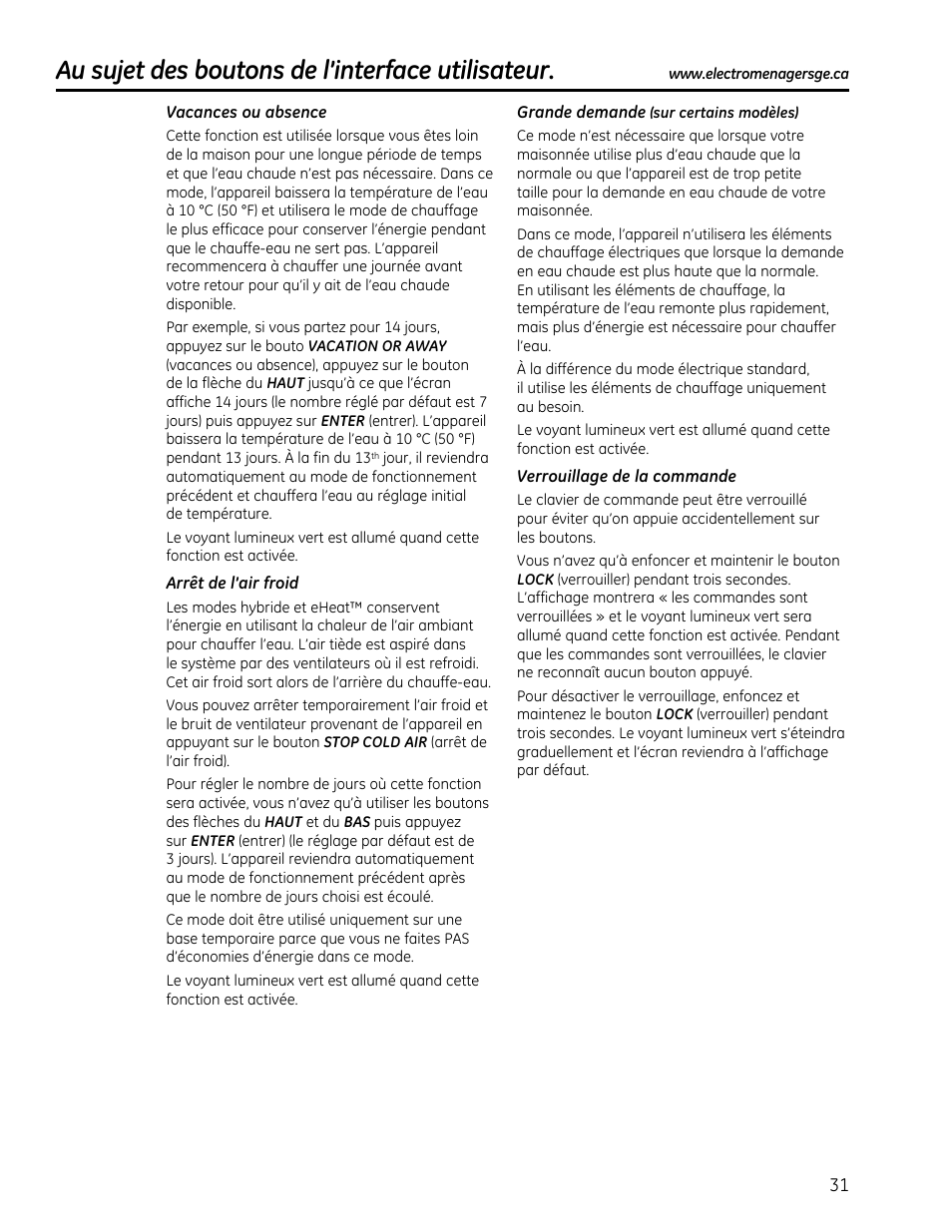 Au sujet des boutons de l’interface utilisateur | GE GEH50DXSRGA User Manual | Page 31 / 68