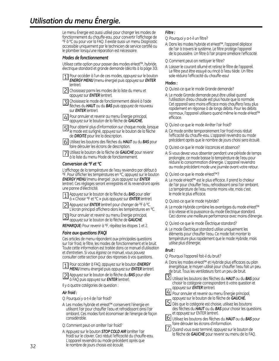 Utilisation du menu énergie | GE GEH50DXSRGA User Manual | Page 32 / 68