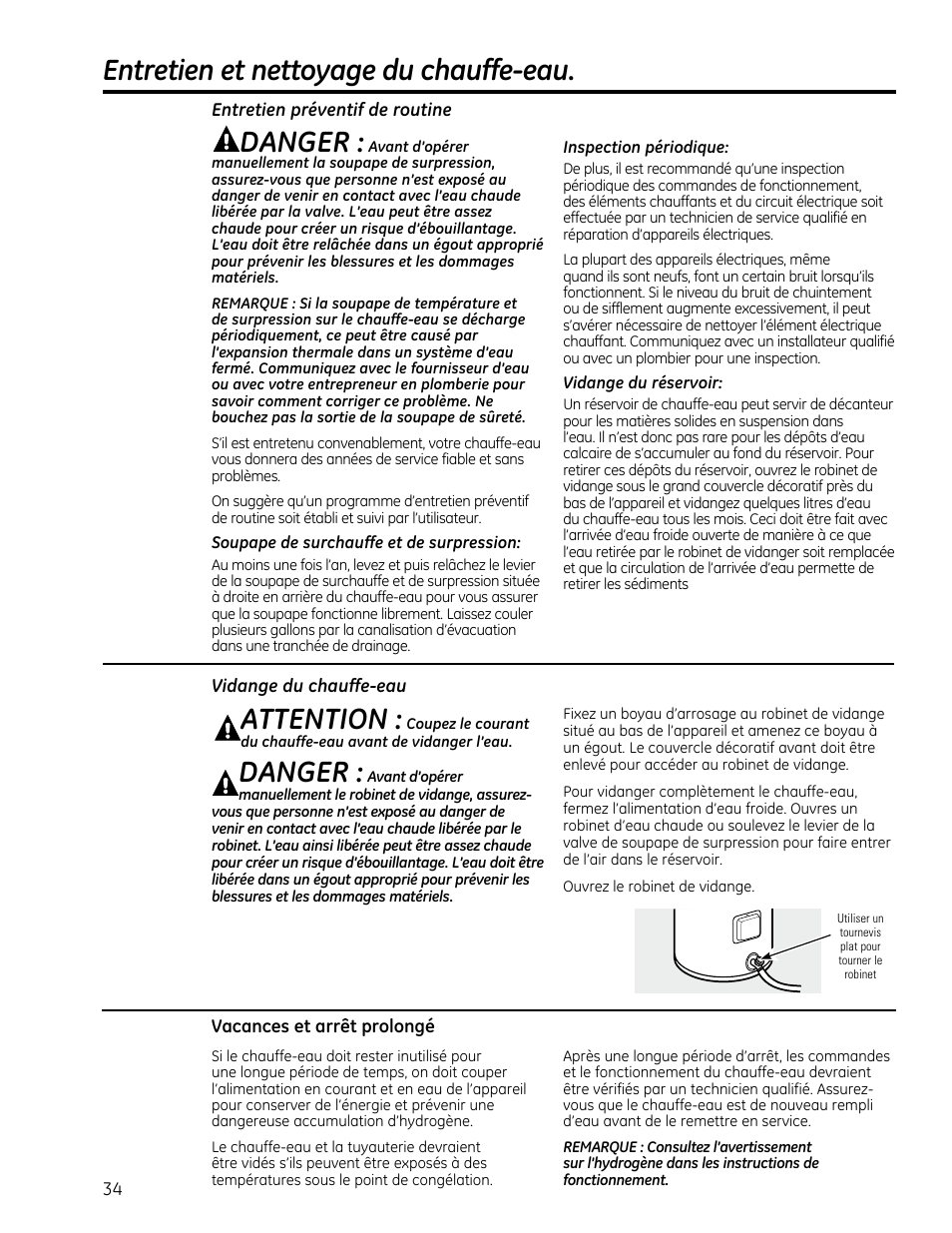 Entretien et nettoyage du chauffe-eau, Attention, Danger | GE GEH50DXSRGA User Manual | Page 34 / 68