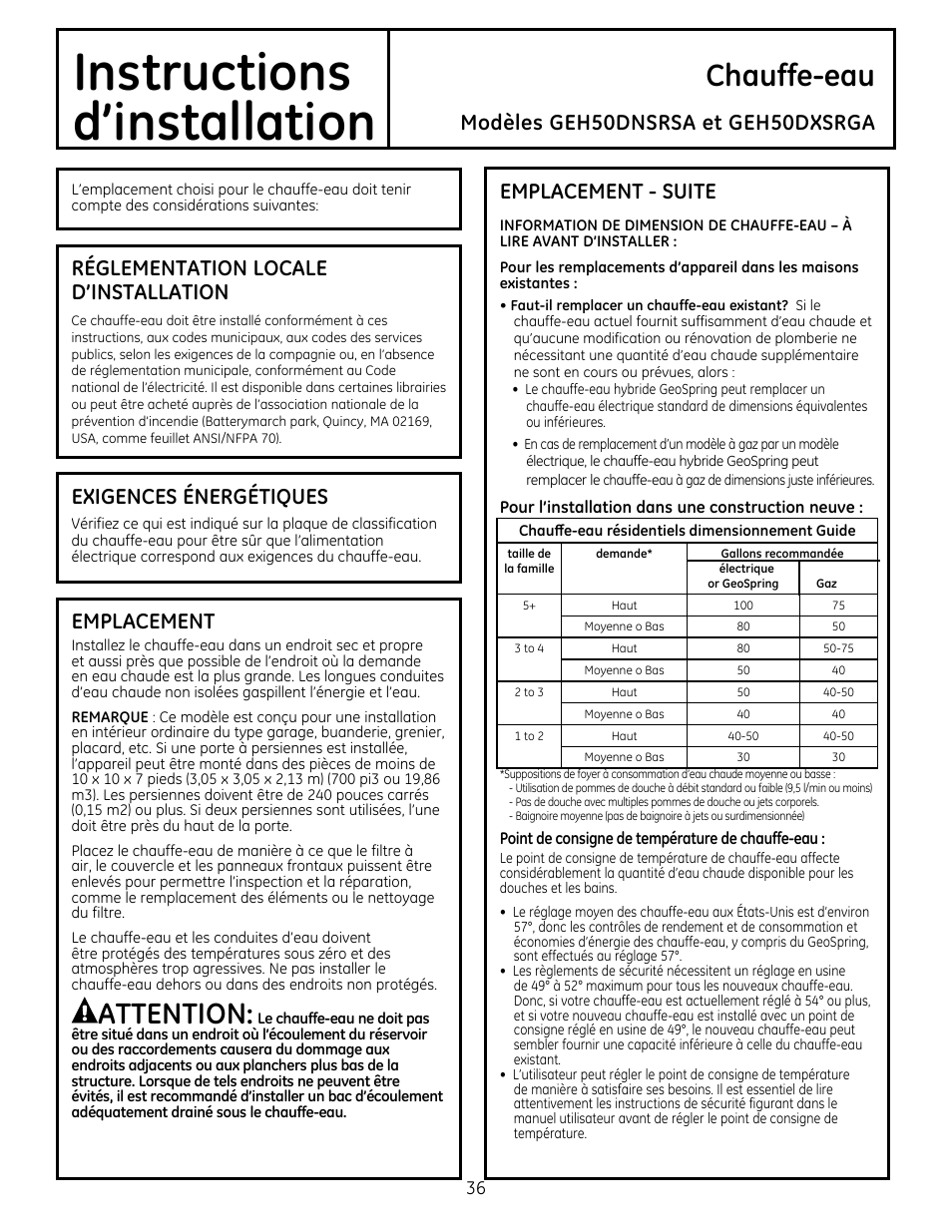 Instructions, D’installation, Chauffe-eau | Attention, Modèles geh50dnsrsa et geh50dxsrga, Réglementation locale d’installation, Exigences énergétiques, Emplacement, Emplacement - suite | GE GEH50DXSRGA User Manual | Page 36 / 68