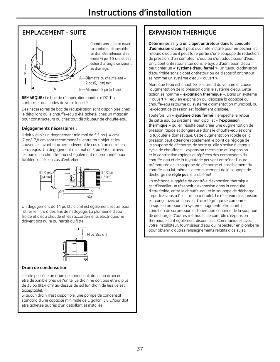 Instructions d’installation, Expansion thermique, Emplacement - suite | GE GEH50DXSRGA User Manual | Page 37 / 68