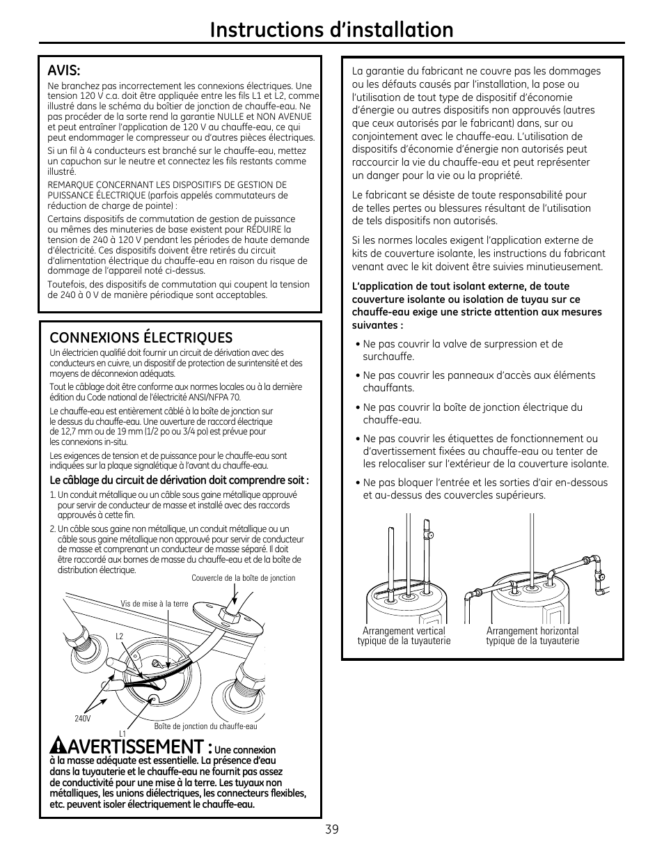 Instructions d’installation, Avertissement, Connexions électriques | Avis | GE GEH50DXSRGA User Manual | Page 39 / 68