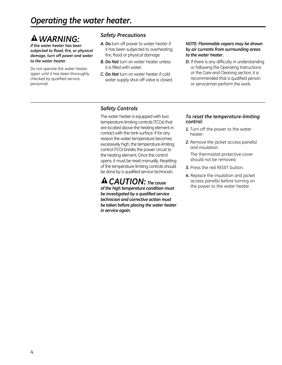 Operating the water heater, Caution, Warning | GE GEH50DXSRGA User Manual | Page 4 / 68