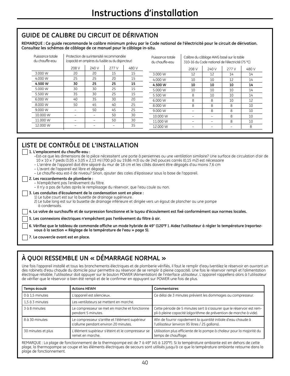 Instructions d’installation, Liste de contrôle de l’installation, À quoi ressemble un « démarrage normal | Guide de calibre du circuit de dérivation | GE GEH50DXSRGA User Manual | Page 40 / 68
