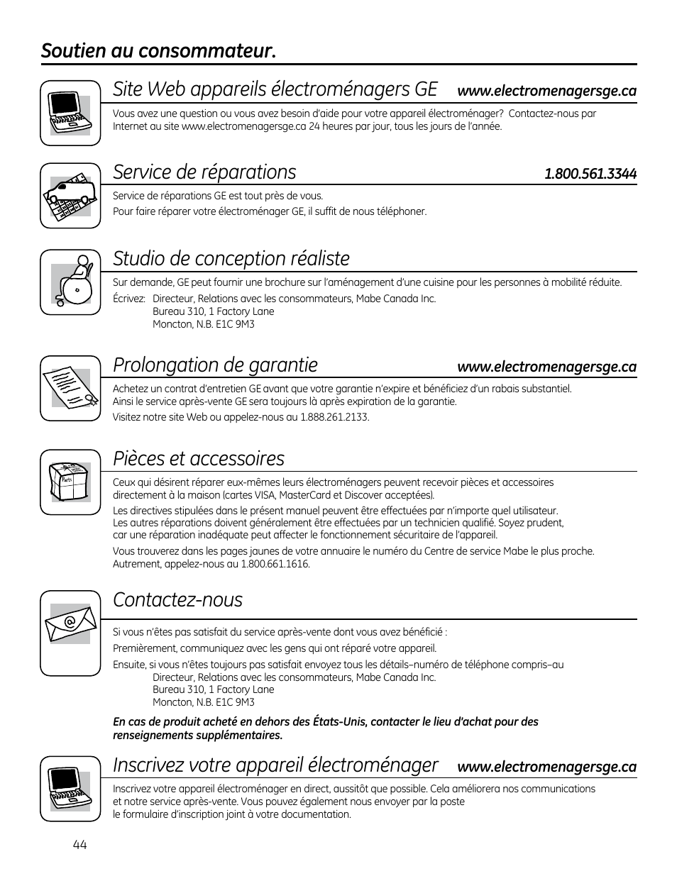 Service de réparations, Studio de conception réaliste, Prolongation de garantie | Pièces et accessoires, Contactez-nous, Inscrivez votre appareil électroménager | GE GEH50DXSRGA User Manual | Page 44 / 68