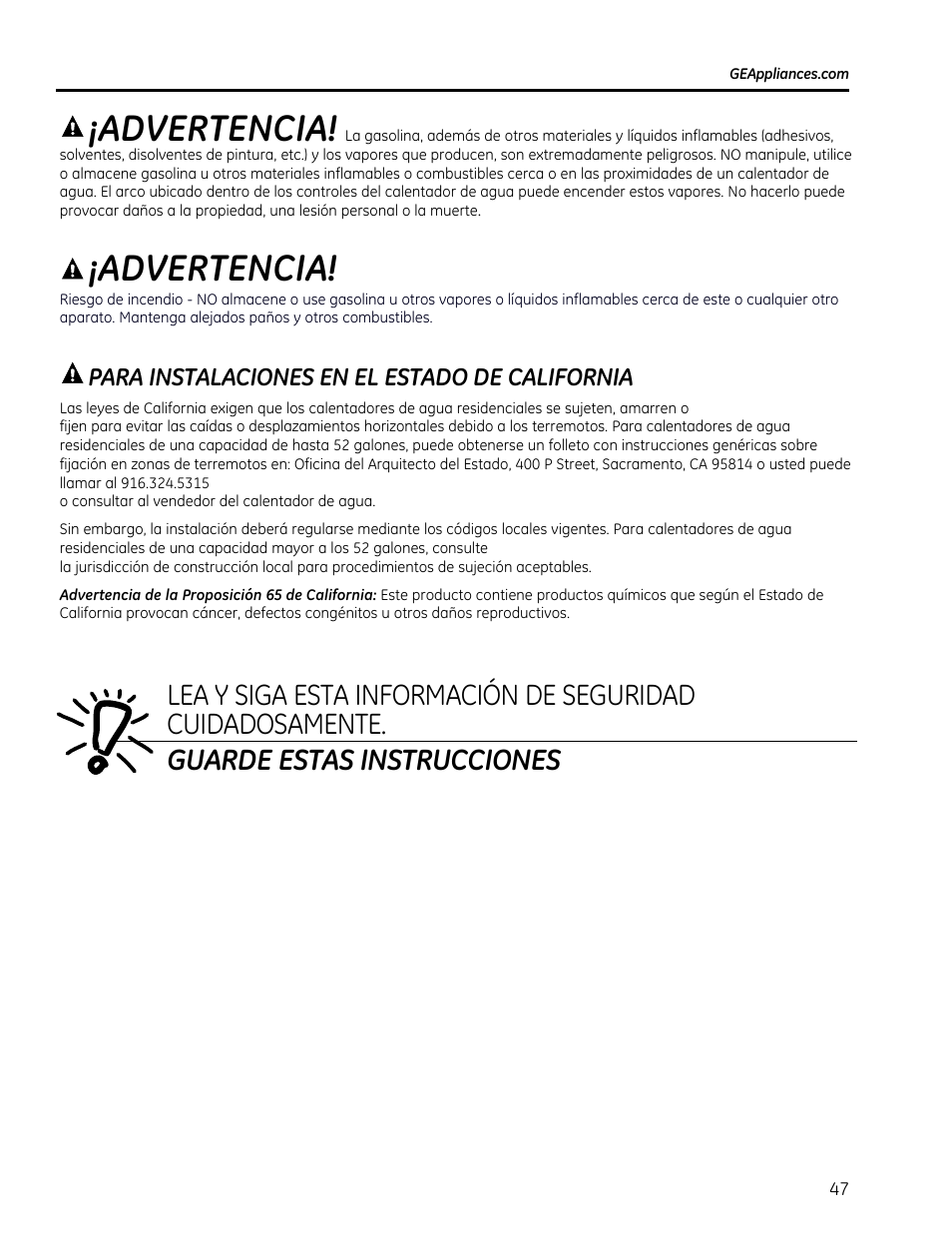 Advertencia, Para instalaciones en el estado de california | GE GEH50DXSRGA User Manual | Page 47 / 68