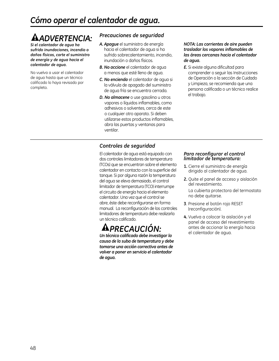 Cómo operar el calentador de agua, Precaución, Advertencia | GE GEH50DXSRGA User Manual | Page 48 / 68