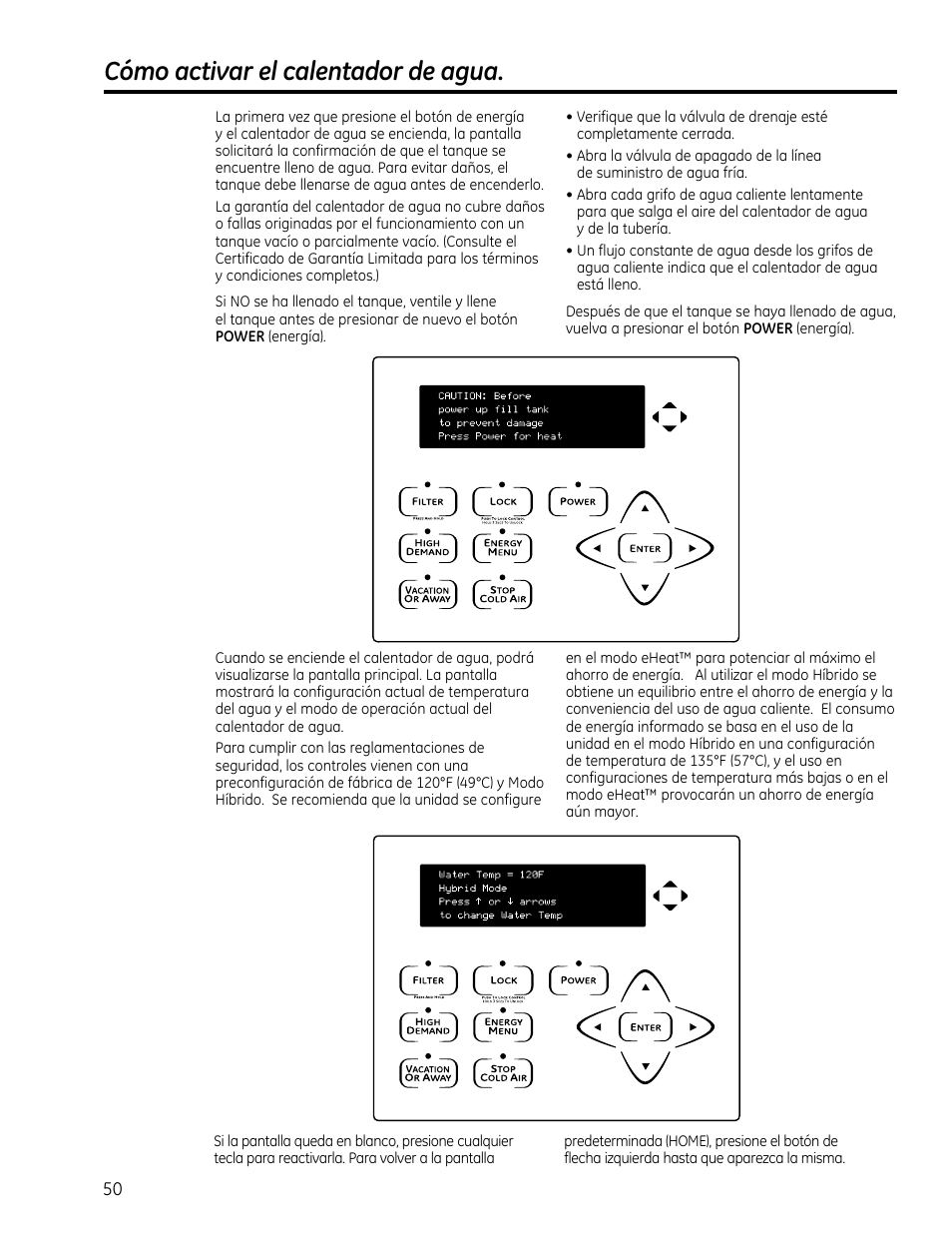 Cómo activar el calentador de agua | GE GEH50DXSRGA User Manual | Page 50 / 68