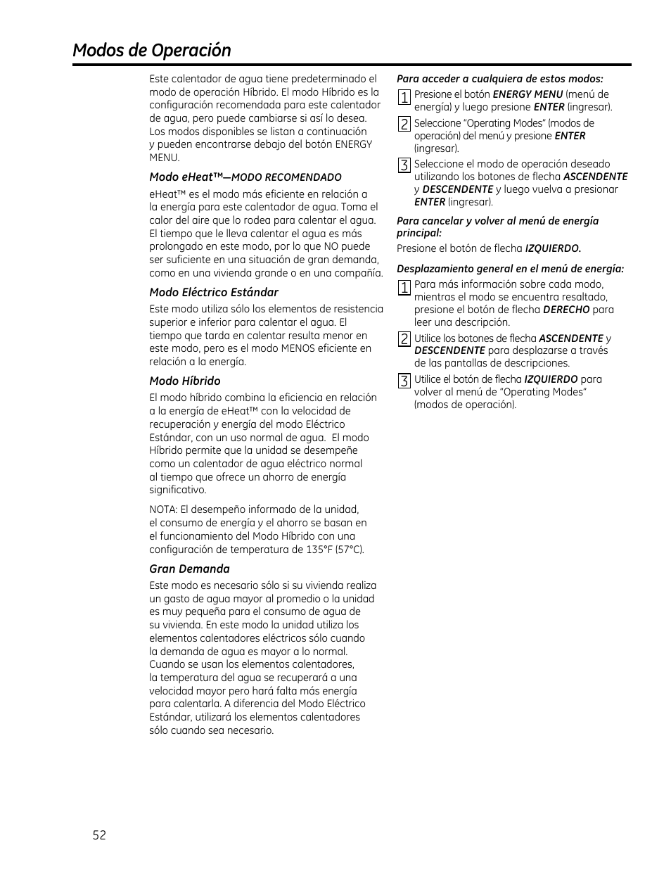 Modos de operación | GE GEH50DXSRGA User Manual | Page 52 / 68