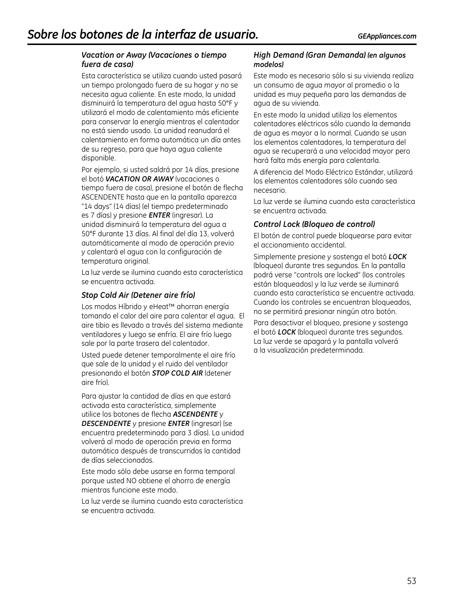 Sobre los botones de la interfaz de usuario | GE GEH50DXSRGA User Manual | Page 53 / 68