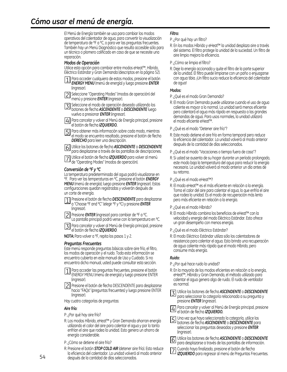 Cómo usar el menú de energía | GE GEH50DXSRGA User Manual | Page 54 / 68