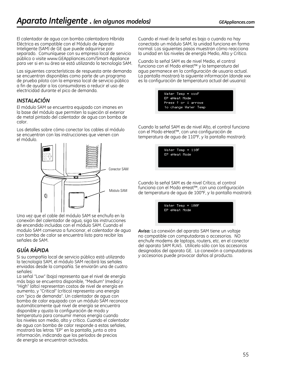 Aparato inteligente, En algunos modelos) | GE GEH50DXSRGA User Manual | Page 55 / 68