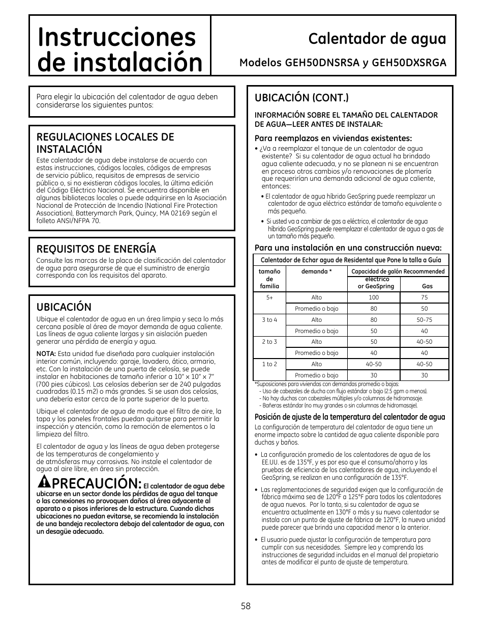 Instrucciones, De instalación, Calentador de agua | Precaución, Modelos geh50dnsrsa y geh50dxsrga, Regulaciones locales de instalación, Requisitos de energía, Ubicación, Ubicación (cont.) | GE GEH50DXSRGA User Manual | Page 58 / 68