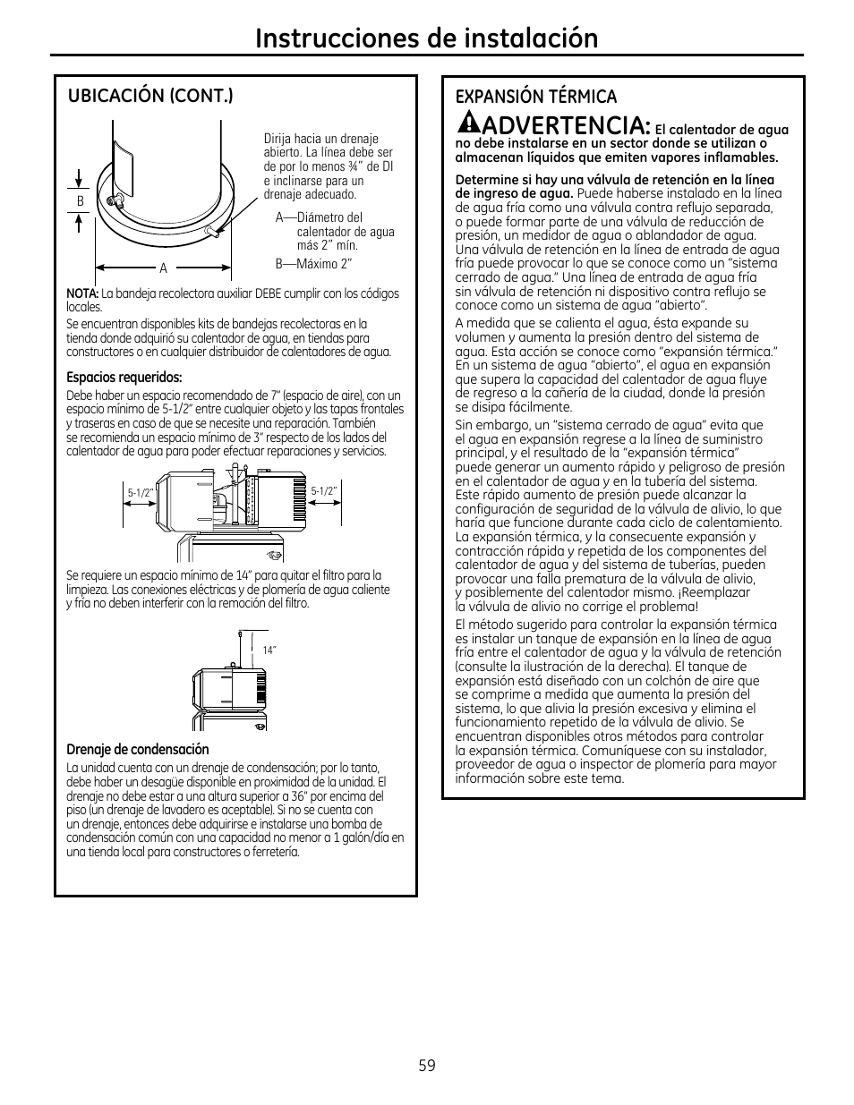 Instrucciones de instalación, Advertencia, Expansión térmica | Ubicación (cont.) | GE GEH50DXSRGA User Manual | Page 59 / 68