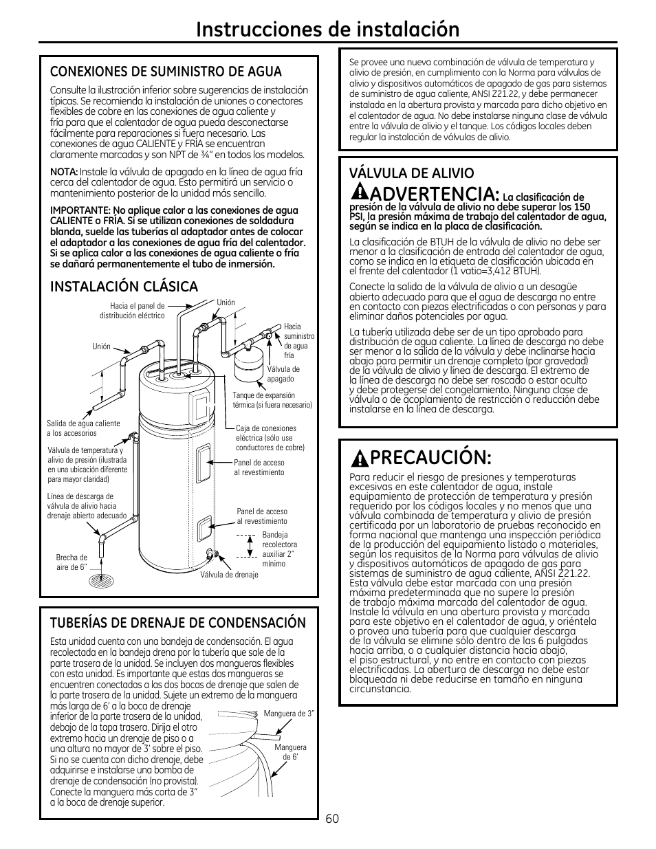 Instrucciones de instalación, Advertencia, Precaución | Válvula de alivio, Conexiones de suministro de agua, Instalación clásica, Tuberías de drenaje de condensación | GE GEH50DXSRGA User Manual | Page 60 / 68