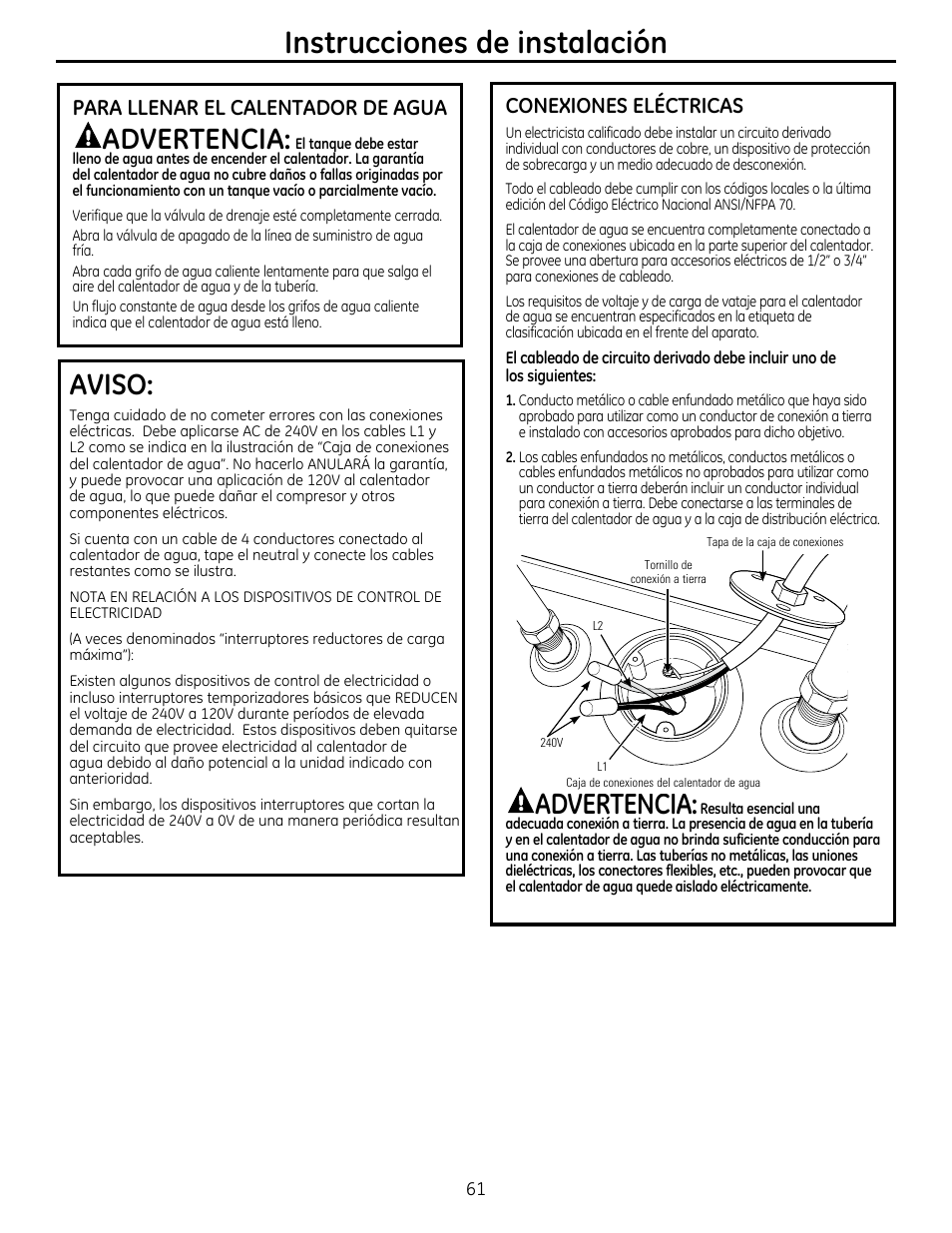 Instrucciones de instalación, Advertencia, Aviso | Conexiones eléctricas, Para llenar el calentador de agua | GE GEH50DXSRGA User Manual | Page 61 / 68