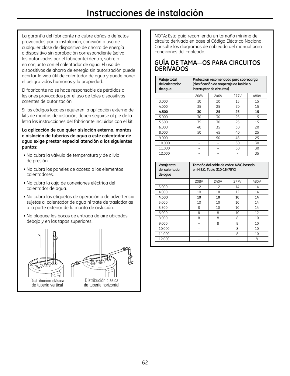 Instrucciones de instalación, Guía de tama—os para circuitos derivados | GE GEH50DXSRGA User Manual | Page 62 / 68