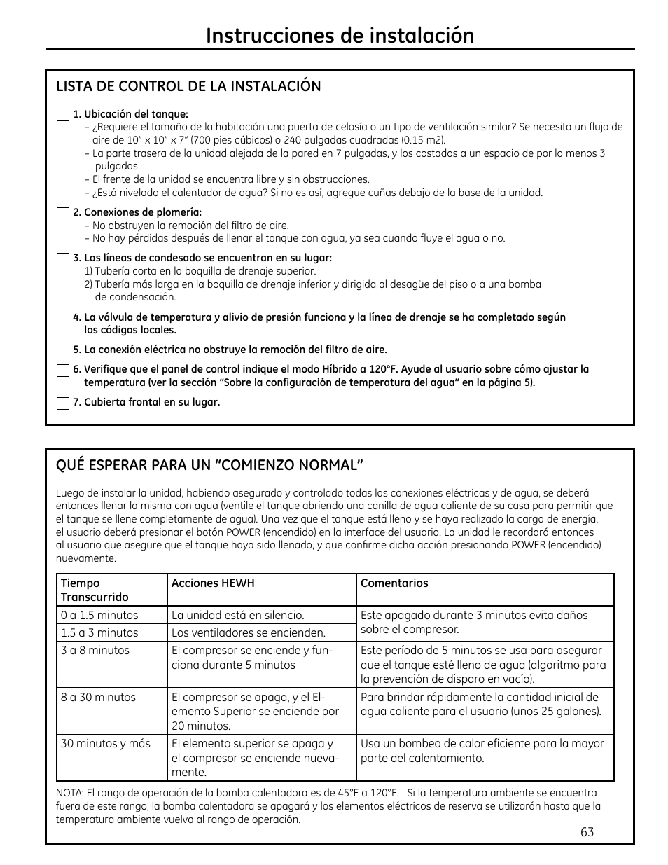 Instrucciones de instalación, Lista de control de la instalación, Qué esperar para un “comienzo normal | GE GEH50DXSRGA User Manual | Page 63 / 68